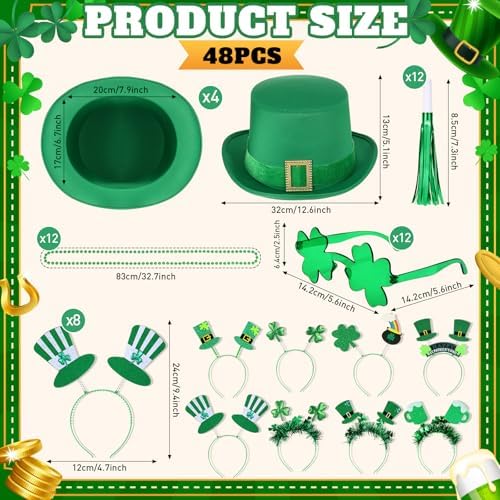 Kenning 48 Pcs St Patricks Day Accessories Party Favors Set, St Patty's Day Decorations, Leprechaun Hat Irish Headband Shamrock Glass Necklace Foil Horn for Saint Patricks Party Supplies Parades Gifts - Image 3