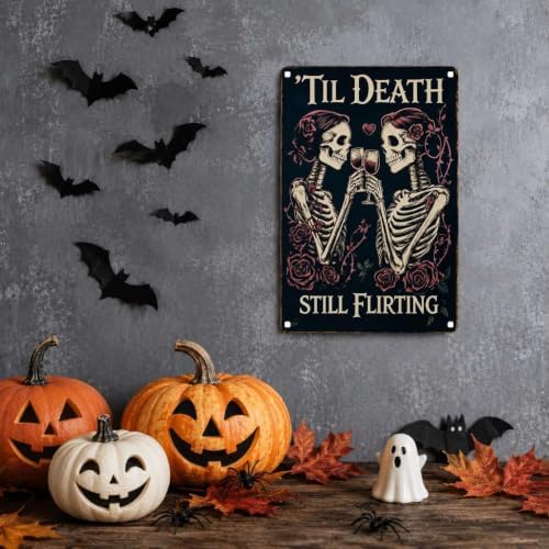 Vintage Metal Tin Sign Halloween Skeleton Couple Roses Gothic Romance Wall Art for Bedroom Bar 6×8 Inches with Metal Frame - Image 2