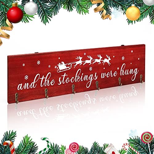 Christmas Stocking Holder, The Stocking were Hung Wood Hanging Sign, Stocking Holder for Wall, Xmas Stocking Holder with 6 Hangers for Fireplace Mantel, 24 inch,Red by KORMMCO