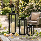 TRIROCKS Metal Candle Lantern Set of 3 - Assorted Sizes (9/15.5/19.5 Inch) - Tall Decorative Hanging Lanterns with Tempered Glass Panels Indoor & Outdoor Home Decor for Parties & Events - Black Finish by TRIROCKS