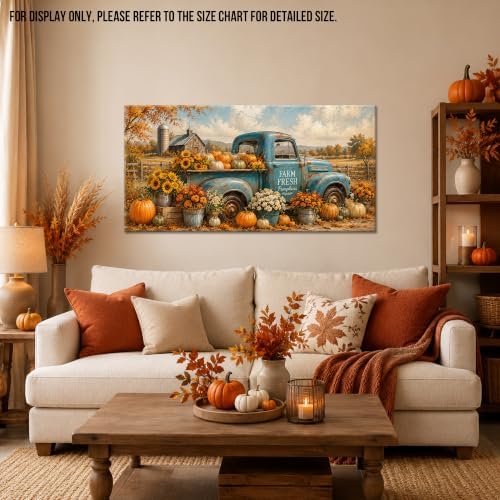 WAXWHELK Truck Fall Canvas Wall Art, Rustic Farmhouse Vintage Blue Truck Pumpkins and Sunflowers Painting Pictures, Autumn Thanksgiving Artwork for Living Room Kitchen Home Decor (20"x40") - Image 2