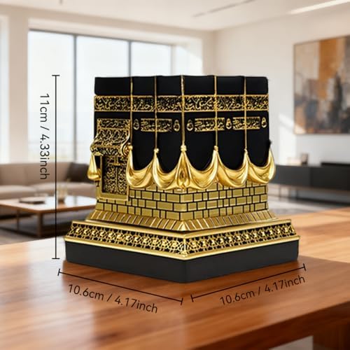 Resin Kaba Replica Decor - 4.6 Inch Golden Black Islamic Prayer House Model with Arabic Script & Rhinestones, Eid Ramadan Gift, Muslim Home Office Desk Decoration (4.17x4.17 in Base) (Gold) - Image 3