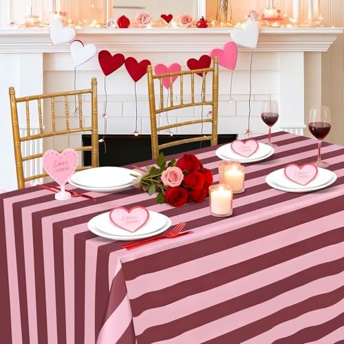 Fanqisi 2 Packs Red and Pink Striped Tablecloth 57 x 84 InchRomantic Valentine's Day Table Cloth Waterproof Rectangle Table Cover for Wedding Birthday Baby Shower Outdoor Summer Party Decoration by Fanqisi