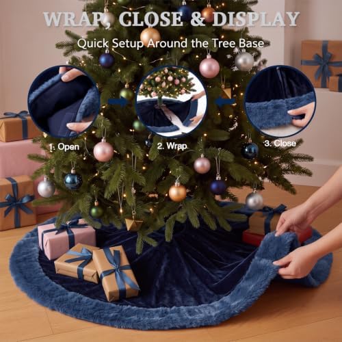 Skylety 48" Velvet Christmas Tree Skirt with Faux Fur Trim,Navy Blue - Image 5
