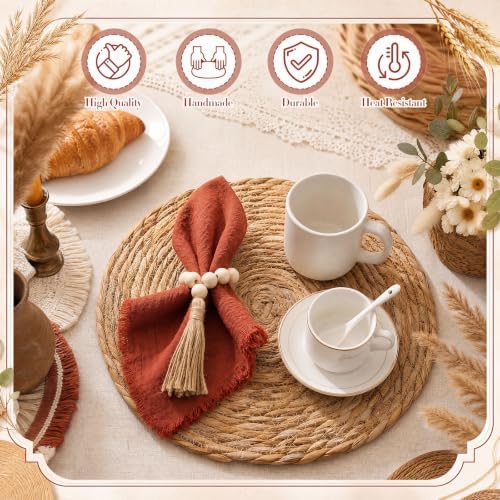 Fanfanwin Set of 6 Boho Woven Placemats with Rust Red Napkins, 13 in - Image 3