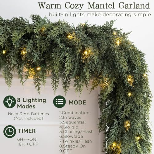 4PCS 6FT Christmas Pre-Lit Cedar Garlands with Lights Pine Garland Decor - Image 2