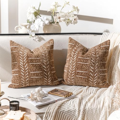 BlissBlush Decorative Throw Pillow Covers 18X18 Set of 2, Brown Boho Farmhouse Cushion Cover, Cozy Soft Accent Pillowcase for Couch Sofa Bed Living Room Home Décor by BlissBlush