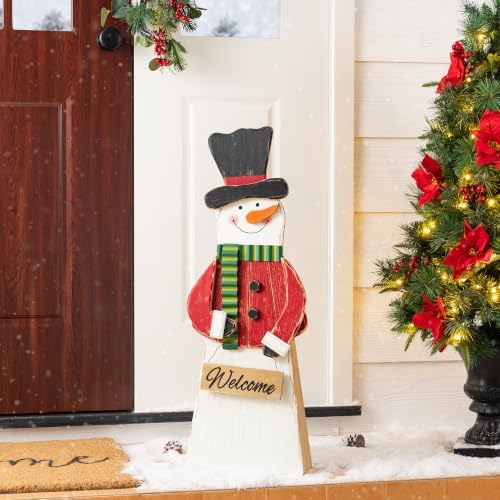 Glitzhome 30"H Christmas Chunky Wood Snowman Porch Sign, Standing Snowman Porch Decor with Black Top Hat and Red Coat,Merry Christmas Welcome Sign for Holiday Front Porch Outdoor Decorations by Glitzhome