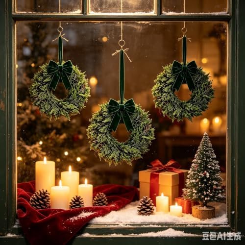 6 Pcs Small Christmas Hanging Wreaths with Artificial Cedar Pine Greenery Dark Green Velvet Ribbon Mini Cabinet Wreath for Porch Front Door Window Wall Farmhouse Rustic Christmas Winter Holiday Decor - Image 2