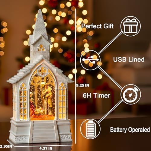 Christmas Snow Globes Church Nativity Water Lantern,Silent Night Music, Holiday Decorations Gifts for Family Children or Friends - Image 3