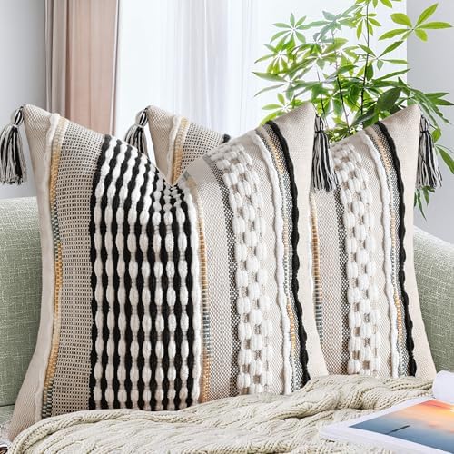 AmHoo Set of 2 Chenille Striped Textured Boho Throw Pillow Covers Aesthetic with Tassels Woven Decorative Pillow Case for Couch Bed Sofa Bedroom Modern Funky 18 x 18-Inch Black by AmHootextile