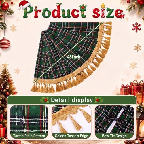 Blueweenly 48 Inch Christmas Tree Skirt, Green Plaid with Gold Tassel Edge - Image 2