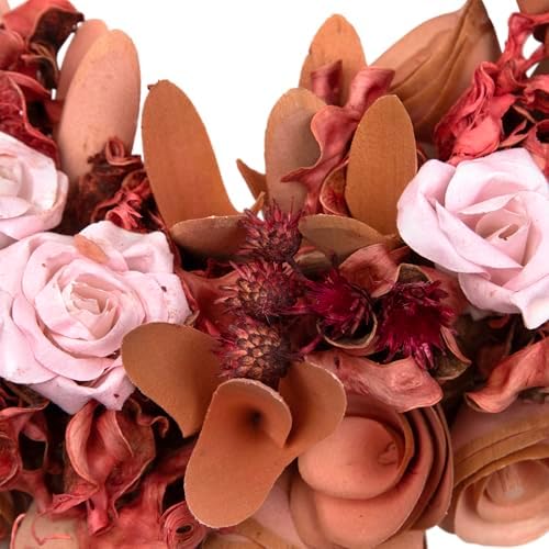 Silk Roses and Shaved Wood Flowers Small Artificial Spring Wreath - 12" - Unlit - Pink - Image 6