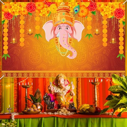 Avezano Indian Pooja Traditional Backdrop Indian Religious Festival Marigold Banner Orange Flower Marriage Hindu Curtain Bridal Shower Wedding Party Decorations Banner (8x6ft) - Image 3