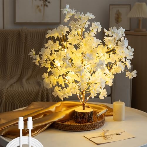 19'' Light up Cherry Blossm Tree,Led Flower Tree Lamp with Timer, Artificial Bonsai Tree Battery or USB-C Operated for Bedroom Indoor Home Spring Summer Wedding Decor(White) by Flopttsun