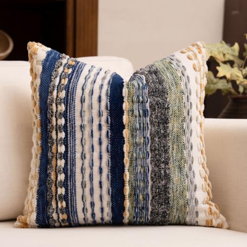 Boho Chenille Tufted Throw Pillow Covers 18x18 Inch Set of 2 Farmhouse Mixed Blue Woven Striped Decorative Pillowcases for Couch Sofa Bed - Image 4