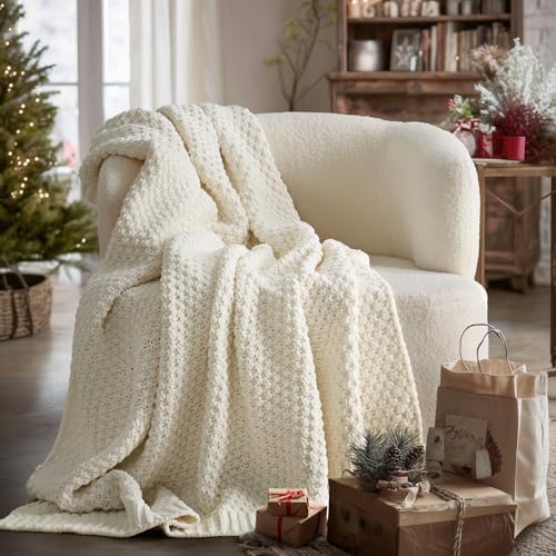 EVERGRACEHOME Chunky Chenille Knit Throw Blanket, 50 x 60, Ivory White by EVERGRACE