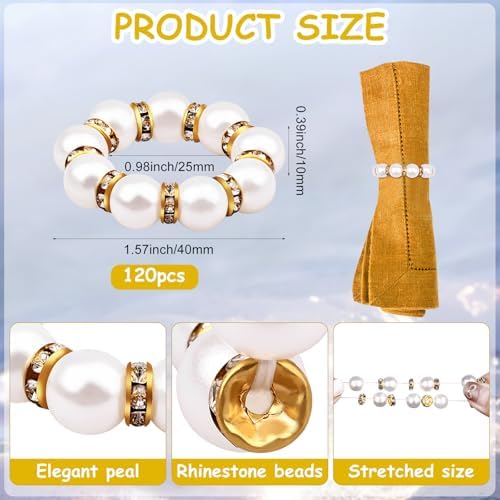120 Pcs Pearl Napkin Rings Imitation Pearl Beaded Napkin Rings Holder Gold White Disposable Napkin Rings Beaded Serviette Buckles for Wedding Home Party Dinner Table Decor and Daily Use - Image 2