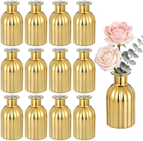 Gold Bud Vases Set of 12, Small Glass Vases for Centerpieces, Mini Vintage Flower Bottles in Bulk, Vertical Ribbed Gold Bottles for Wedding Table Decor, Party, Home & Holiday Arrangements by Unknown