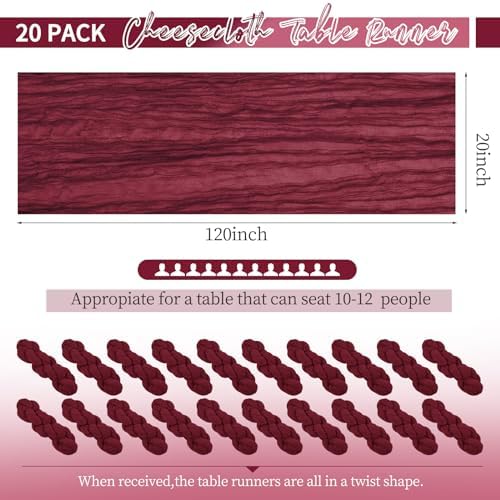 20 Pack Burgundy Table Runner 10Ft Burgundy Cheesecloth Table Runner Boho Gauze Table Runners Long Romantic Sheer Fabric Cheese Cloth Table Runners for Wedding Party Bridal Shower - Image 2