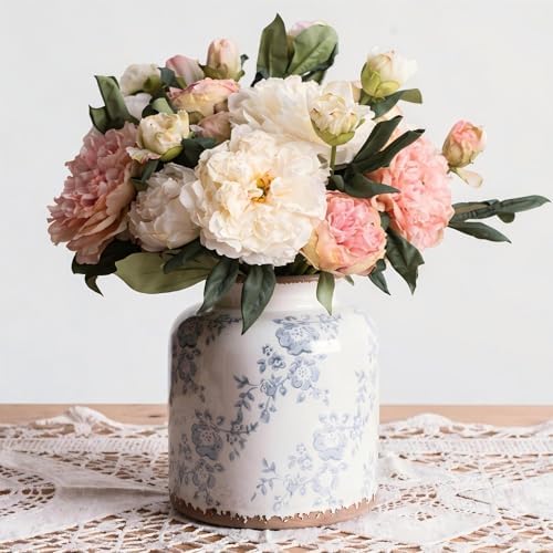 Ronasip Blue Camellia Chinoiserie Vase, 6.2” Crackled White Ceramic Vase with Antique Distressed Edges, Hand-Painted Vintage Floral Vase for Home Decor, Farmhouse Table Centerpiece (Blue, 6.2") by Unknown