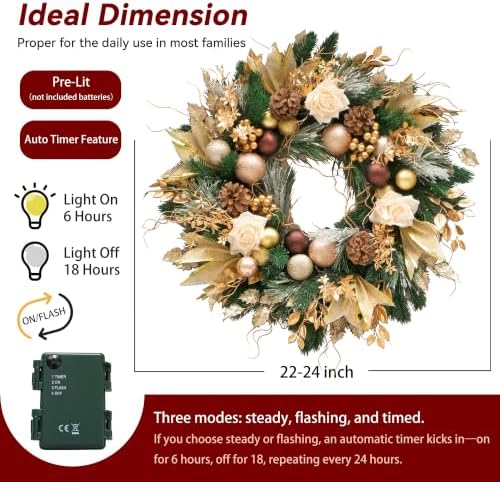 Christmas Wreaths for Front Door with Lights 24 Inch Gold Christmas Wreath - Image 2