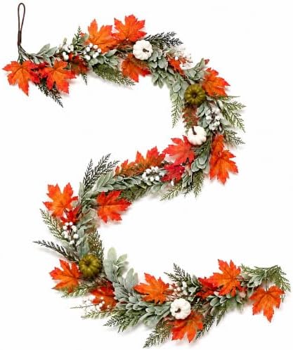 6FT Fall Garland for Mantel with Pumpkins and Maple Leaves by Xirtneduav