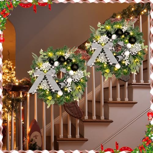 Knitgrip White Black Plaid Pre-Lit Christmas Wreaths for Front Door - Image 4