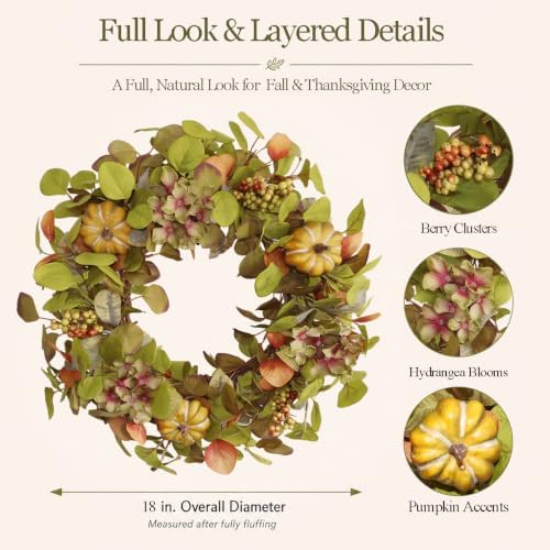 18 Inch Hydrangea Fall Wreath with Round Pumpkins and Berry Clusters - Image 2