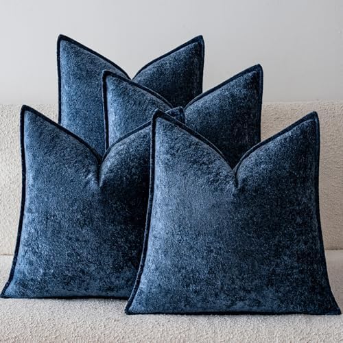 a moment Throw Pillow Covers 22X22 Inch 4 Packs,Soft Velvet Decorative Pillow Cases with 3D Ice Flower,Texture Modern Accent Cushion Covers for Sofa Couch Home Decor Navy Blue by amoment