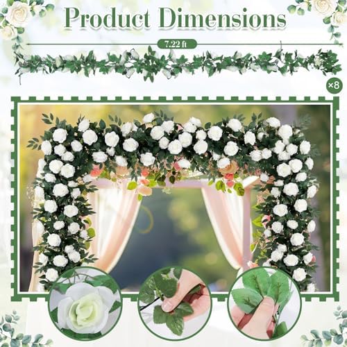 Suncalla 8 Pack 6.56ft Artificial Rose Flower Garland Silk Flocked White Rose Garland Faux Eucalyptus Peony Flower Vine for Wedding Party Table Centerpiece Arch Background Decoration(Eucalyptus) - Image 2