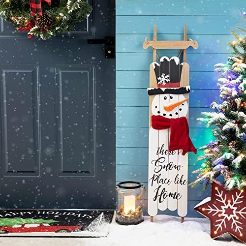Glitzhome 42 Inch Wooden Snowman Welcome Wall Sign for Front Door Porch Farmhouse Christmas Snowman Wall Hanging Sign Primitive Porch Sign for Christmas Festivals - Image 2