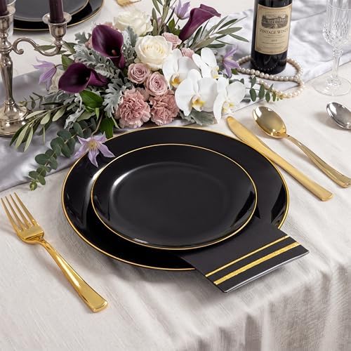 NOCCUR 350PCS Black and Gold Plastic Plates - Black Disposable Dinnerware Set for 50 Guests, 100 Dinner/Dessert Plates, 150 Gold Silverware, 50 Cups&50 Napkins for Party/Birthday/Halloween - Image 4