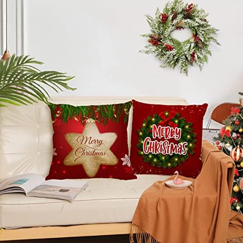 Set of 4 Christmas Pillow Covers 22x22 Inch Xmas Pillow Cases Velvet Throw Pillow Covers Red Gold Winter Holiday Cushion Covers Outdoor Couch Sofa Home Decorations for New Year - Image 5