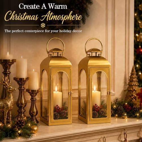 Christmas Decorative Lanterns Gold Metal Candle Holders 20 Inch 2 Pack - Image 2