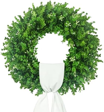 20'' Boxwood Wreaths for Front Door, Green Wreath with a Sash by HecatyDecorateYourHome