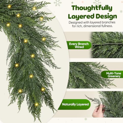 9FT Christmas Cedar Garland with Lights, Full Layered Greenery - Image 2