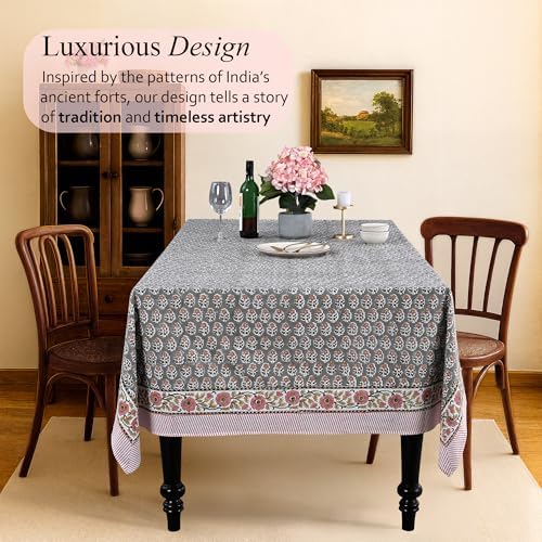 CPC Tablecloth 100% Cotton 72x160 Inch Indian Block Print Rectangle Table Cover, Gray Pink Table Cloth for Weddings, Spring/Summer, Barbeque - Labra Gray - Image 2