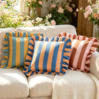 vctops Ruffle Square Throw Pillow Covers Boho Pink and Red Striped Decorative Pillowcases Set of 2, Soft Velvet Accent Cushion Cover Cases for Sofa Bed Living Room Decor (Yellow Blue,18"x18") - Image 3