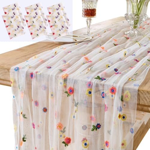 6PCS Lvory Floral Table Runner 10 FT, Embroidery Daisy Table Runners Seasonal Spring Summer Sheer Tulle Dining Table Decor for Home Party Birthday Decor 29x120 Inch ﻿ by Hugestar
