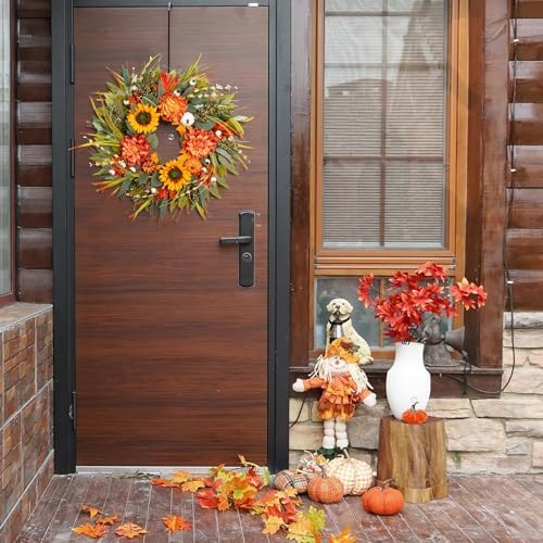 Fall Wreaths for Front Door 24 Inch Fall Wreath with Pumpkins, Sunflowers & Berries – Outdoor Autumn Wreath for Porch, Thanksgiving, Halloween & Harvest Decor - Image 6
