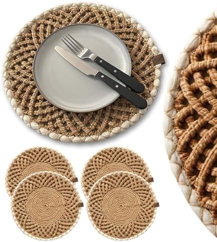 Round Woven Placemats Set of 4, Braided Natural Table Mats for Dining Table Decor, Waterproof, Handmade, Easy to Clean, Perfect Fall Placemats for Thanksgiving, Christmas & Everyday Use 14.2IN by LemonTree