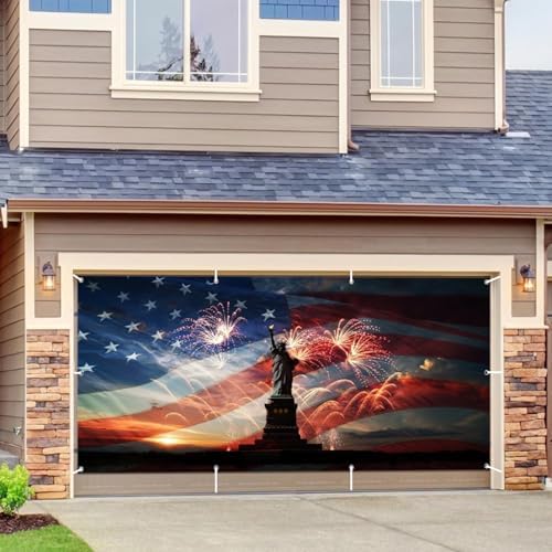 4th of July Party Garage Door Cover 16x7ft American Flags Garage Door Backdrop Independence Day Garage Banner Memorial Day Decoration Patriotic Backdrop the Statue of Liberty Flag Day Background - Image 4