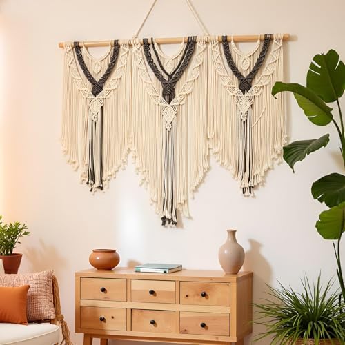 guzhiou Large Macrame Wall Hanging, Boho Woven Tapestry Decor Art, 43"x32" - Image 2