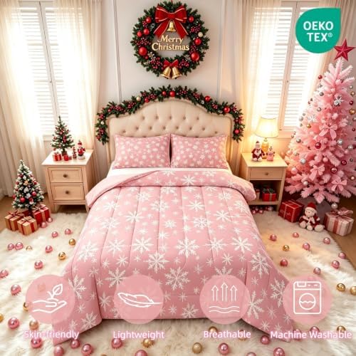 Erosebridal Pink Christmas Comforter Set Queen Girly Romantic Snowflake Duvet Insert Princess Winter Quilt Girls Modern Style Bedding Set Bedroom Decor Pink Floral Bedding Set & 2 Pillowcases - Image 3