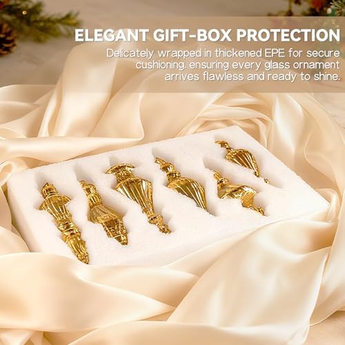 Mercury Glass Christmas Ornaments, Vintage Finial Decorations, Gold, 6-Pc - Image 5