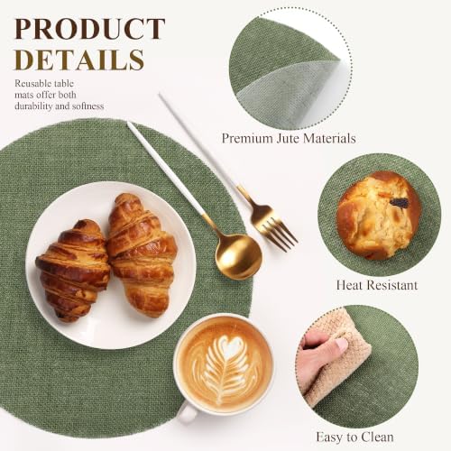 Aneco 50 Pieces Round Burlap Placemats 13.78 Inch Reusable Sage Green Table Mats Heat Resistant Natural Jute Fibers Placemats Burlap Circle Rustic Table Decorations for Dinner Holiday Farmhouse Decor - Image 3