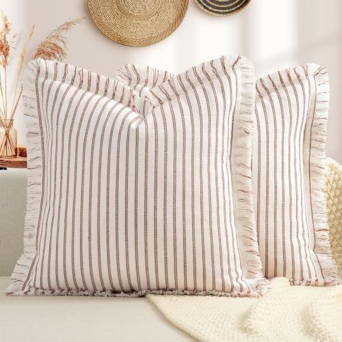 ZWJD Fall Throw Pillow Covers 26x26 Set of 2 Striped Pillow Covers with Fringe Chic Cotton Decorative Pillows Square Cushion Covers for Sofa Couch Bed Living Room Fall Decor,Rust by ZWJD