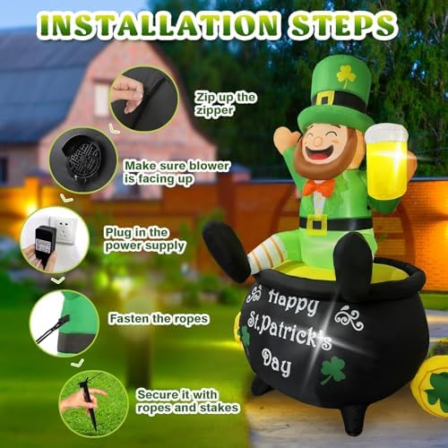 6FT St Patrick's Day Inflatables with LED Lights Outdoor Decoration Leprechaun Holding Beer in Pot Gold Shamrock Blow up Decor for Yard, Lawn, Garden Holiday Party Indoor Outside - Image 6