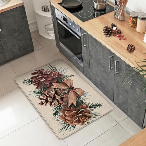 Winter Pine Cone Decorative Front Door Mat, Bow Pine Needle Red - Image 2